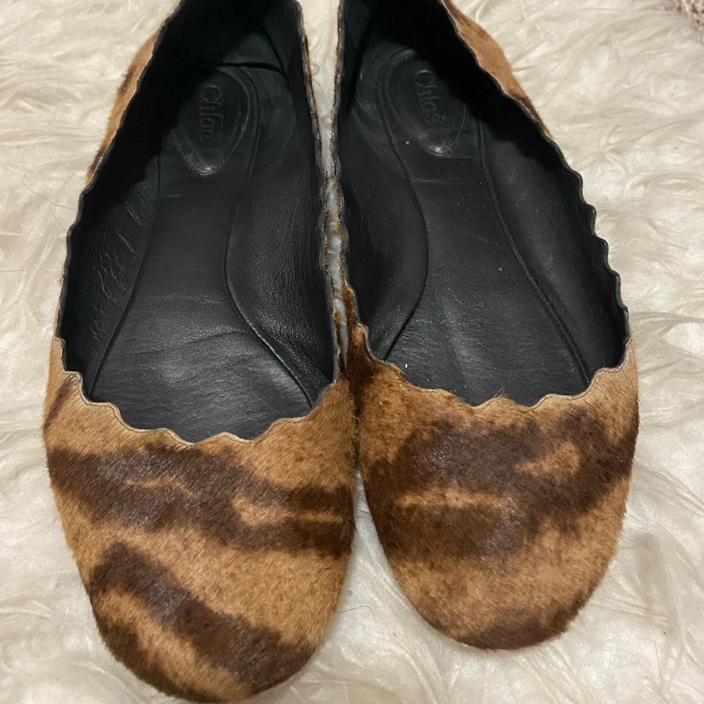 CHLOE Pony Hair Animal Print Scalloped Flats Sz 37.5